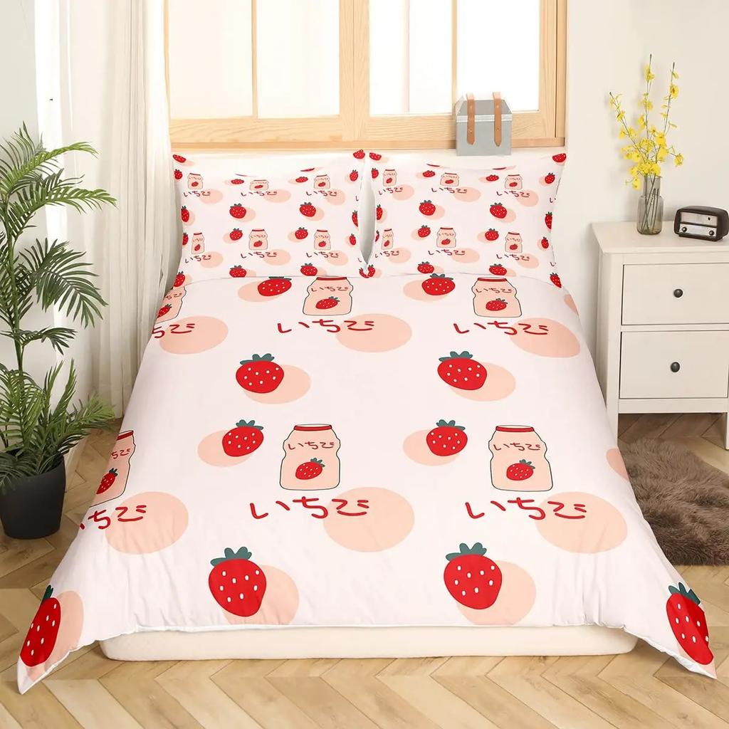 Strawberry Duvet Cover SetRed Strawberry Bedding Set For Girls Cute Black White Geometric Plaid Grid Comforter Cover Full Size