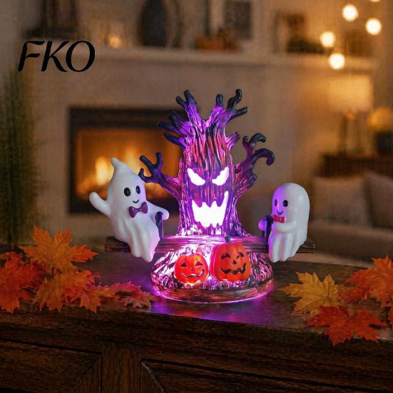Creative Gothic Style Night Lamp Animated Seesaw Ghost Light, USB Powered 3D Cute LED Small Light for Hallway with Spooky Tree And Pumpkin Design,