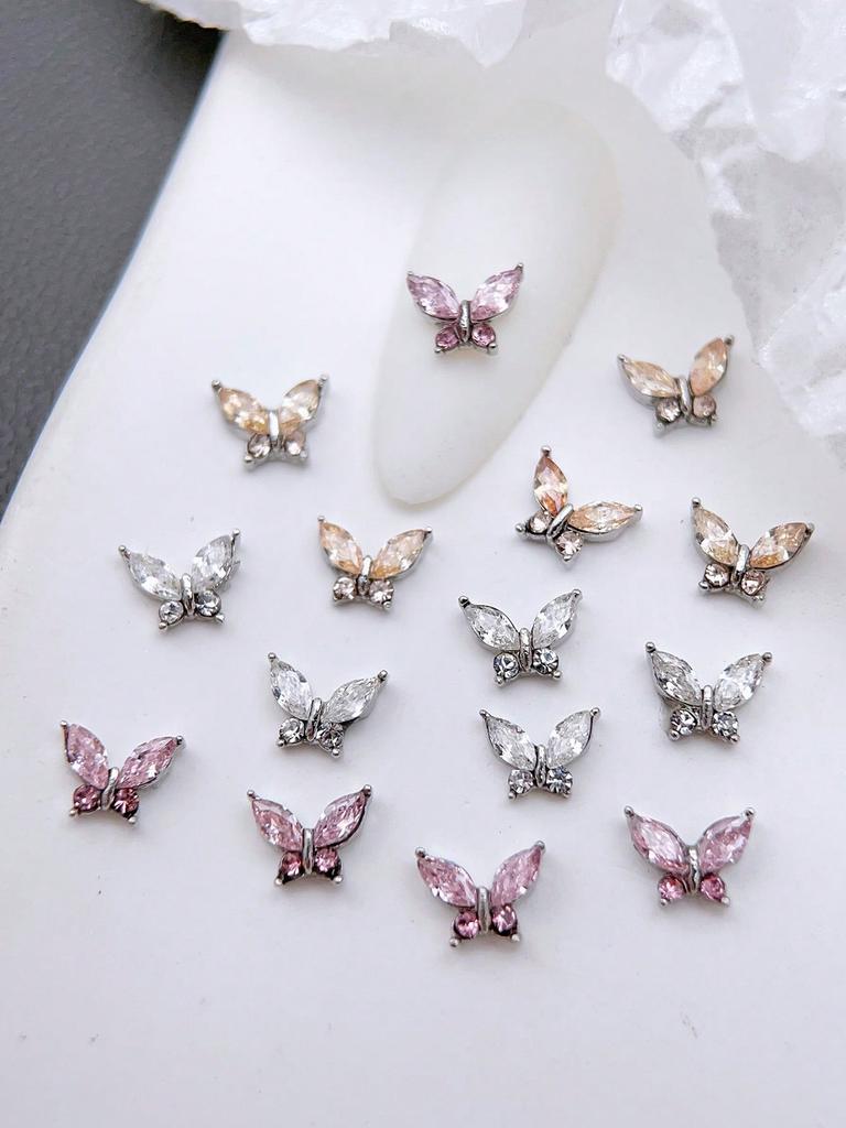 10pcs Mini Metal Rhinestone Butterfly Nail Art Jewelry 3D Pink Champagne White Diamond Nail Jewelry