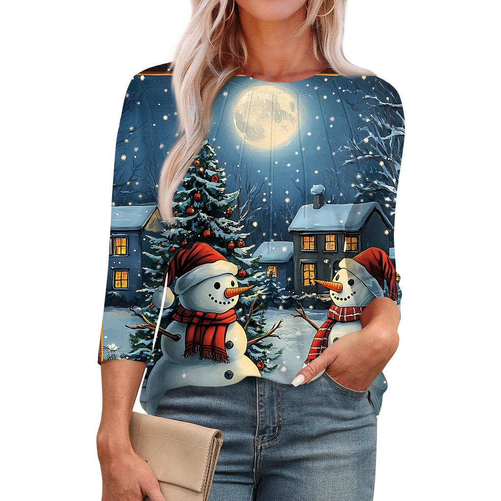 Women's Fashionable Round Neck 3/4 Sleeve Christmas Prints Casual Basic Pleated Pullover T-shirt Top