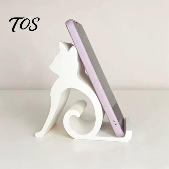 Minimalist Phone Holder Cute Cat Stand, Curled Tail Kitty Desk for Cell Black Dock Tablet, 3D Printed Universal Stand Office Bedroom, Gift Lovers