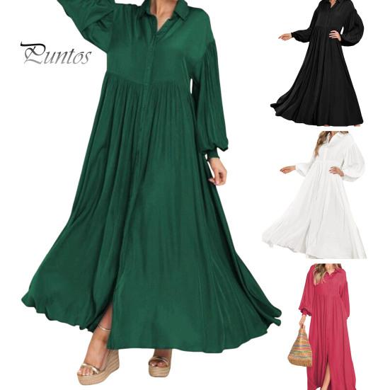 Осень-весна женское платье трапециевидной формы с отложным воротником, большие качели, плиссированные длинные рукава, однотонное однобортное свободное лоскутное платье макси
