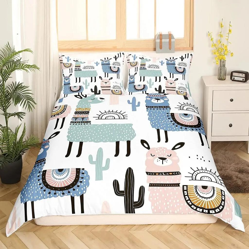 Cute Cartoon Alpaca Llama Cactus Print Duvet Cover Set Full Size, Alpaca Bedding Set Botanical Animal Comforter Cover,Multicolor