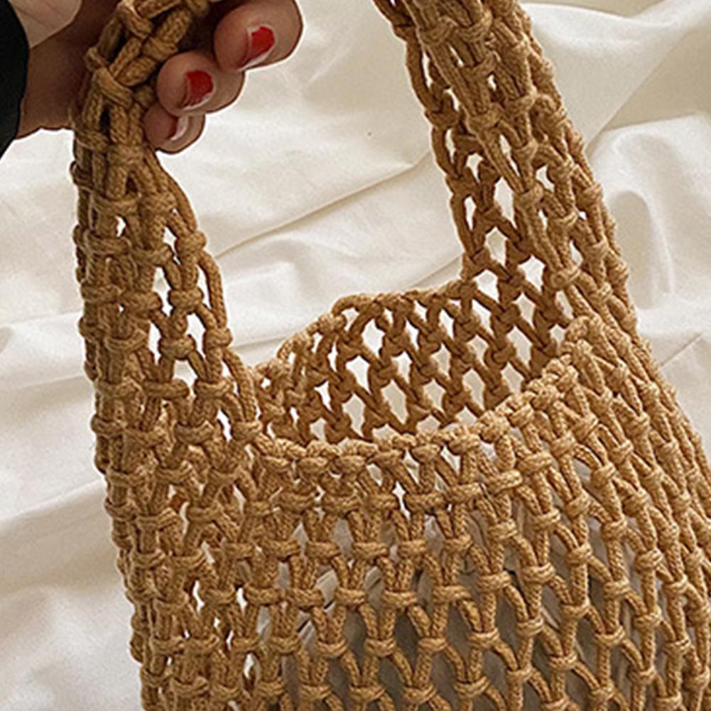 Cotton Rope Fishing Net Bucket Bag for Women Top-handle Bag Summer Crochet Hobo Bag for Travel Picnic Vacation Beach