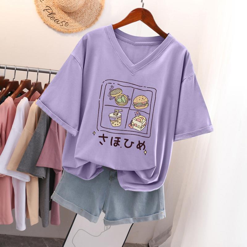 Женская футболка с коротким рукавом, большого размера, свободная и стройнящая, топ с V-образным вырезом с принтом