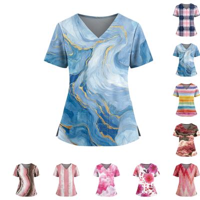 Женский топ с градиентным принтом, V-образным вырезом, двойным карманом, короткими рукавами, разрезом по низу, униформа для ухода