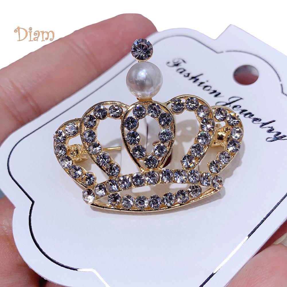 Diamonding Jewelry Crown Shape Crystal Stone Faux Pearl Lapel Brooch Pin Suit Collar Badge
