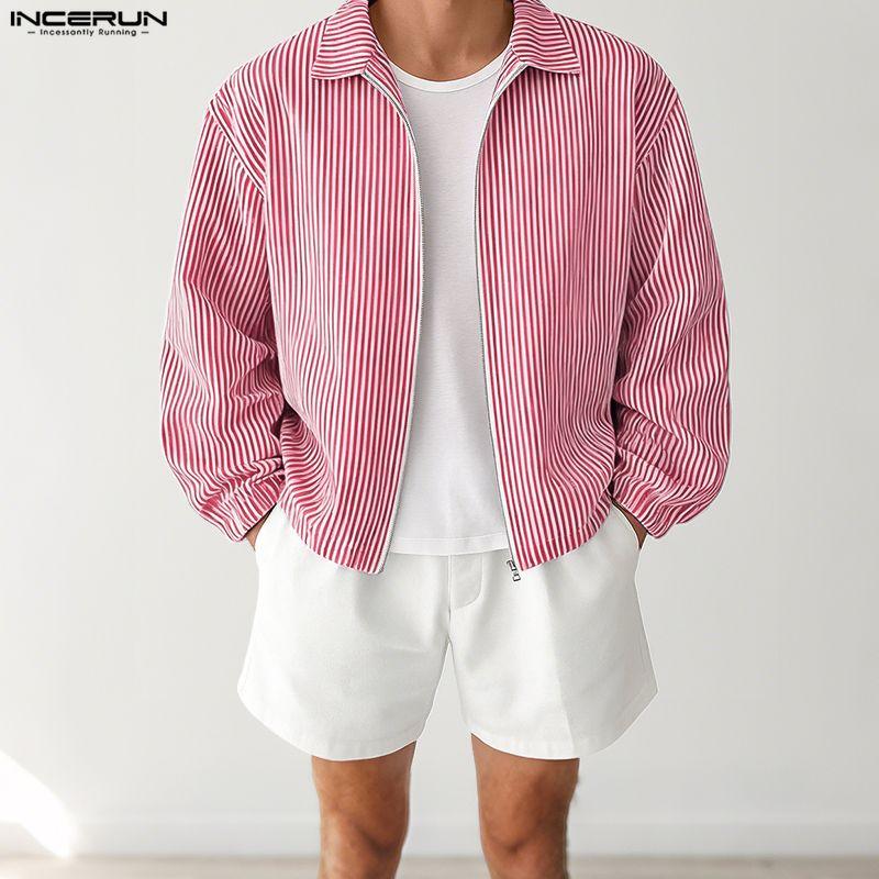 INCERUN Men Turn-down Collar Long Sleeve Zipper Up Striped Cropped Thin Short Coats