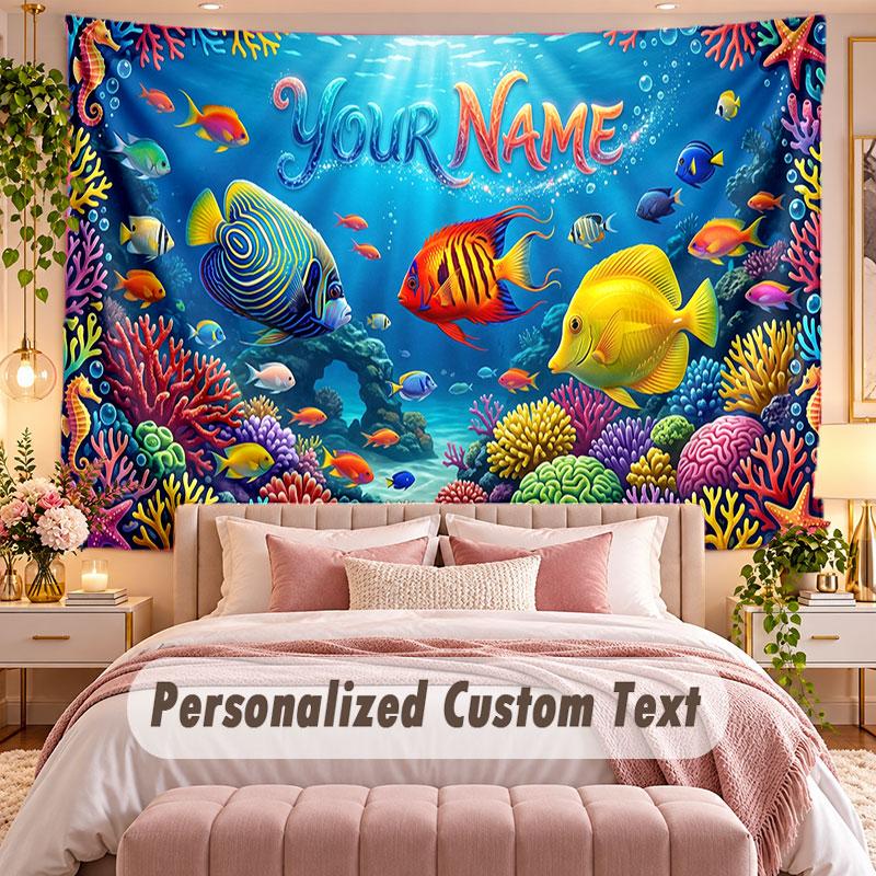 Fish Ocean (306) Theme Wall Tapestry Customized With Name Text Personalized Hanging Tapestry For Bedroom Living Room Decor