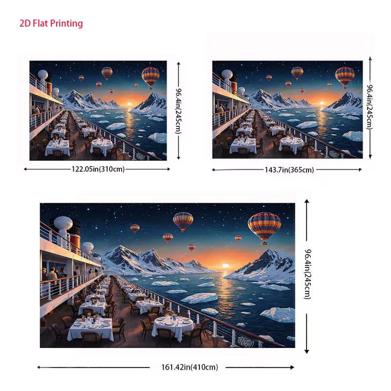 2D Cruise Ship Tapestry for Living Room, Luxury Deck Dining with Arctic Icebergs and Sunset