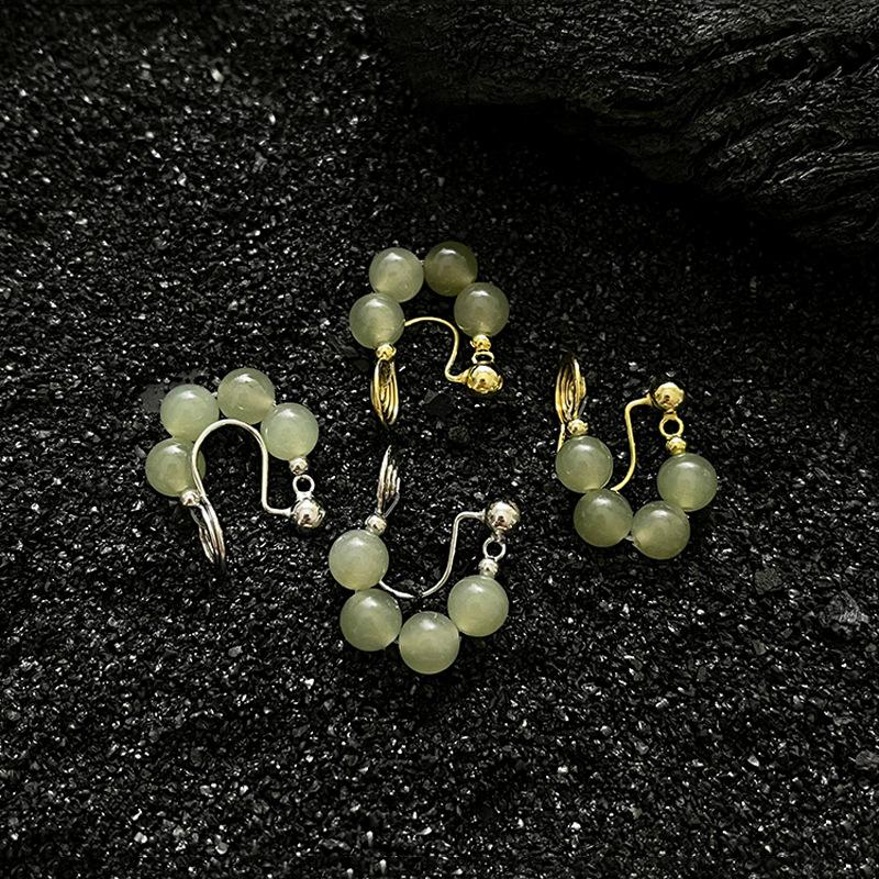 Four Hetian Jade Ear Clips Without Ear Holes, Retro Chinese Style Elegant Lady U-Shaped Hetian Jasper Round Bead Ear Bone Clips