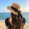 Sweet and colorful butterfly ribbon straw hat for women, summer seaside vacation style, large brim sun protection hat, foldable hat