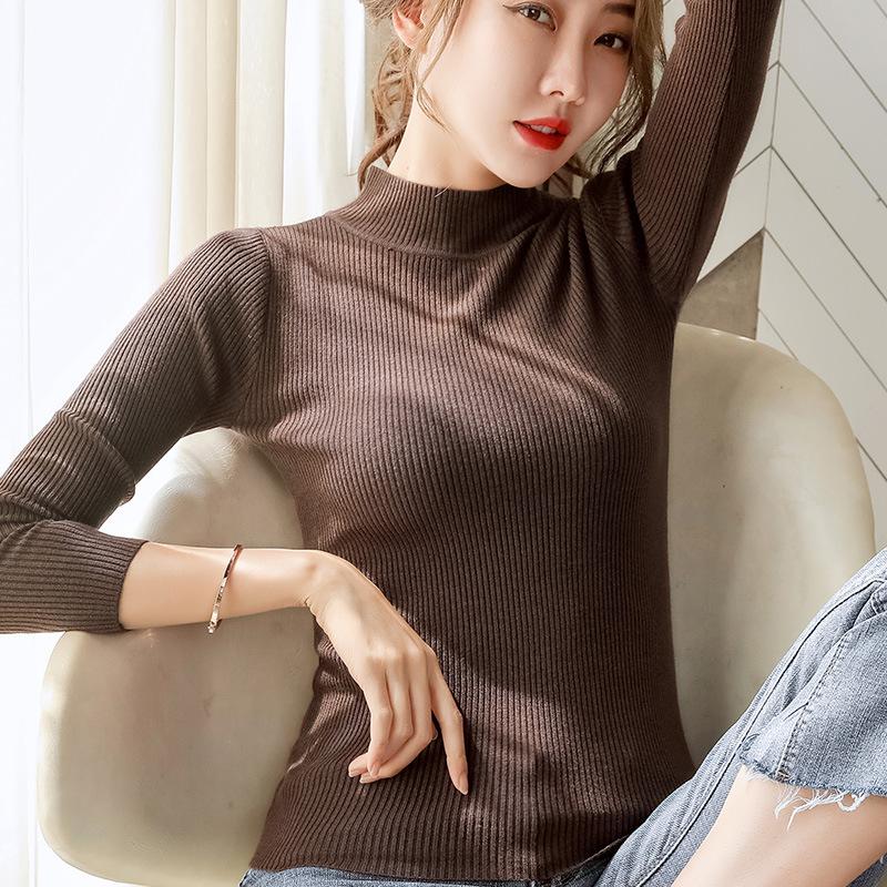Женский свитер на осень-зиму с воротником-стойкой, базовый джемпер с длинными рукавами, вязаные пуловеры, полуводолазка, тонкие женские вязаные топы
