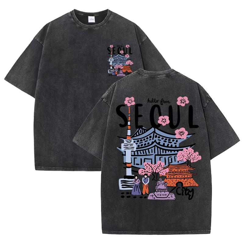 Сеул Красивые Пейзажи Принт Выстиранная Футболка Женская Летняя С Круглым Вырезом Одежда Модная Хлопковая С Коротким Рукавом Повседневная Новая Футболка
