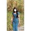 Heavy Industry High-end Blue Long Dress. Retro Square Neck Dress Women's Summer New Break