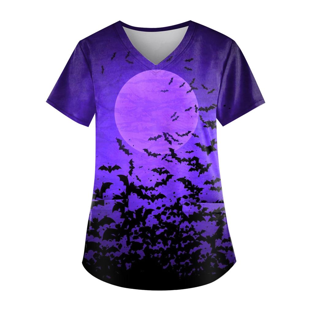 Плюс размер Хэллоуин печатная рабочая форма Топы для женщин футболки с v-образным вырезом и короткими рукавами рабочая одежда футболка с карманами