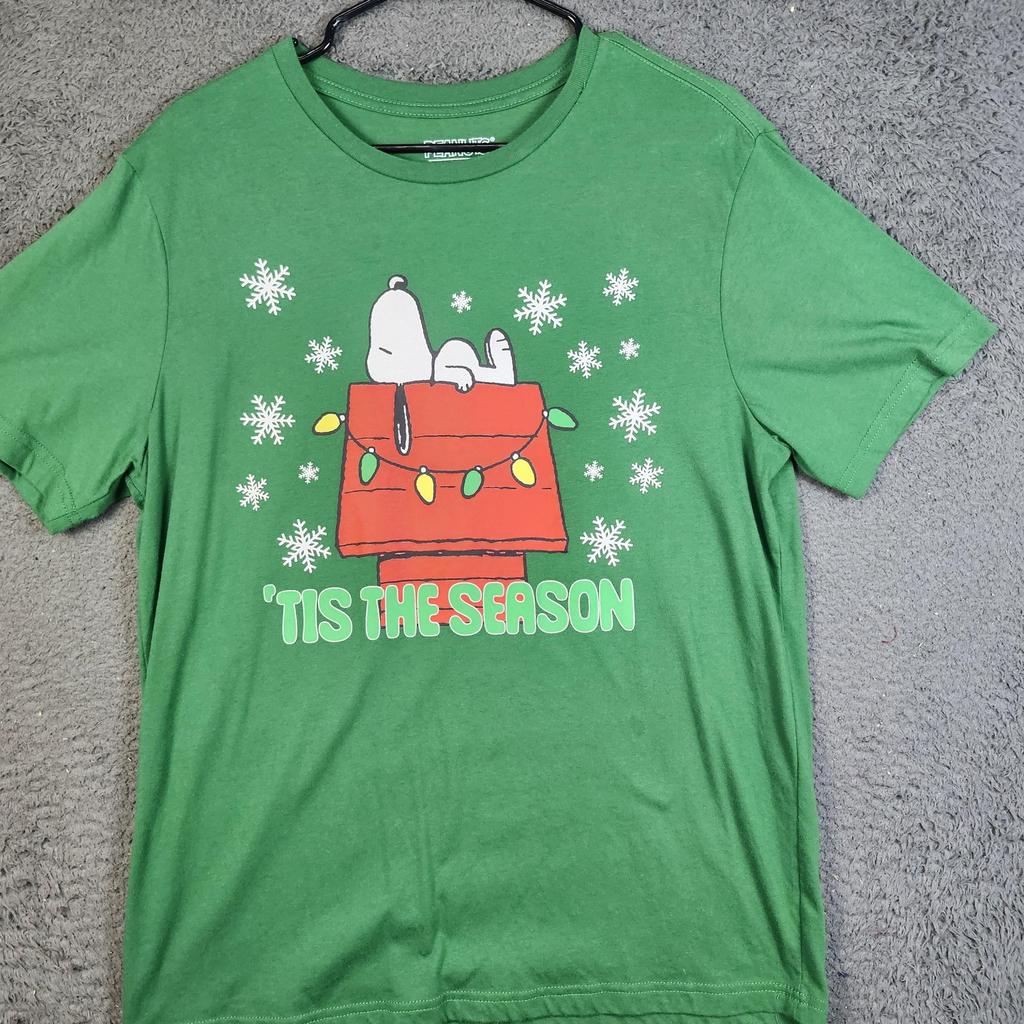 Peanuts Snoopy Tis The Season Shirt Mens Large Green Christmas Graphic Tee Unisex T-Shirt
