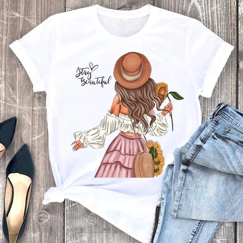Fun Girl Printed Pattern Round Neck Short Sleeve Tshirt Women on Round Neck European American Tops Tees