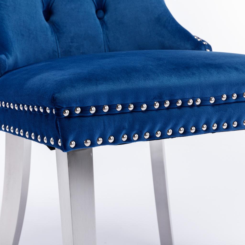 Nikki Collection Tufted Solid Wood Velvet Dining Chair with Chrome Plating Legs,Nailhead Trim,Set of 2,Blue and Chrome, DE1701BL