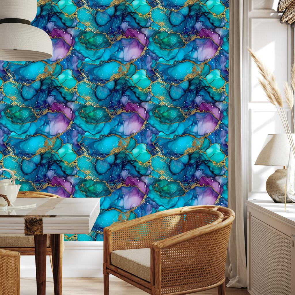 Wallpaper Ink turquoise, blue, navy blue and sea blue 50x1000