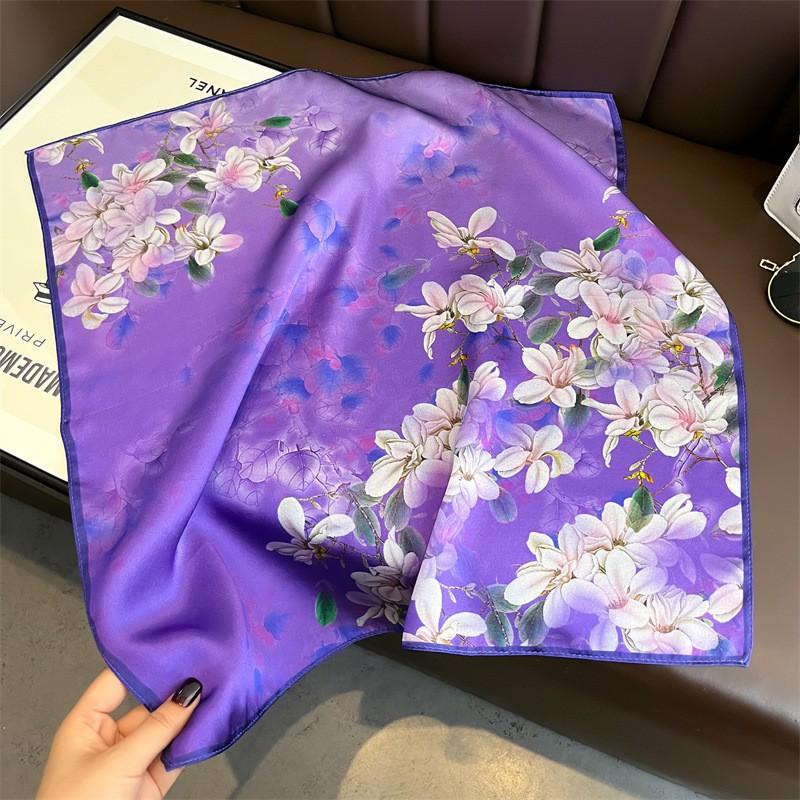 Purple Floral Print Silk Scarf Women 100% Pure Mulberry Lightweight Square Neck Fashion Accessory