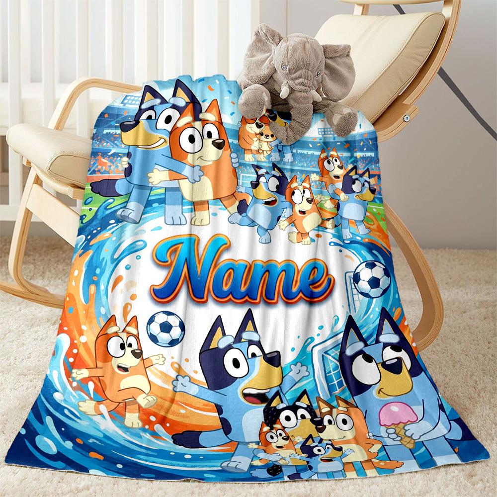 Bluey's Soccer Fun Personalized Name Blanket Gift Customizable Blanket Durable Comfort for Couch Home Decor Bedding Living Room for All Occasions