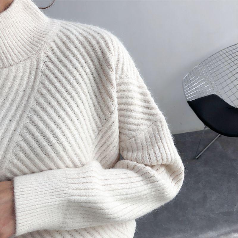 Осенне-зимний женский свитер, пуловер, вязаный свитер с полувысоким воротником, свободный круглый вырез, однотонная нижняя рубашка с длинными рукавами в диагональную полоску