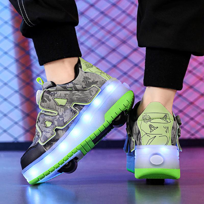 Новые кожаные вращающиеся кнопки свет вспышка обувь мальчики обувь девушки студенты спорт можно получить катание на роликах роликовые коньки обувь