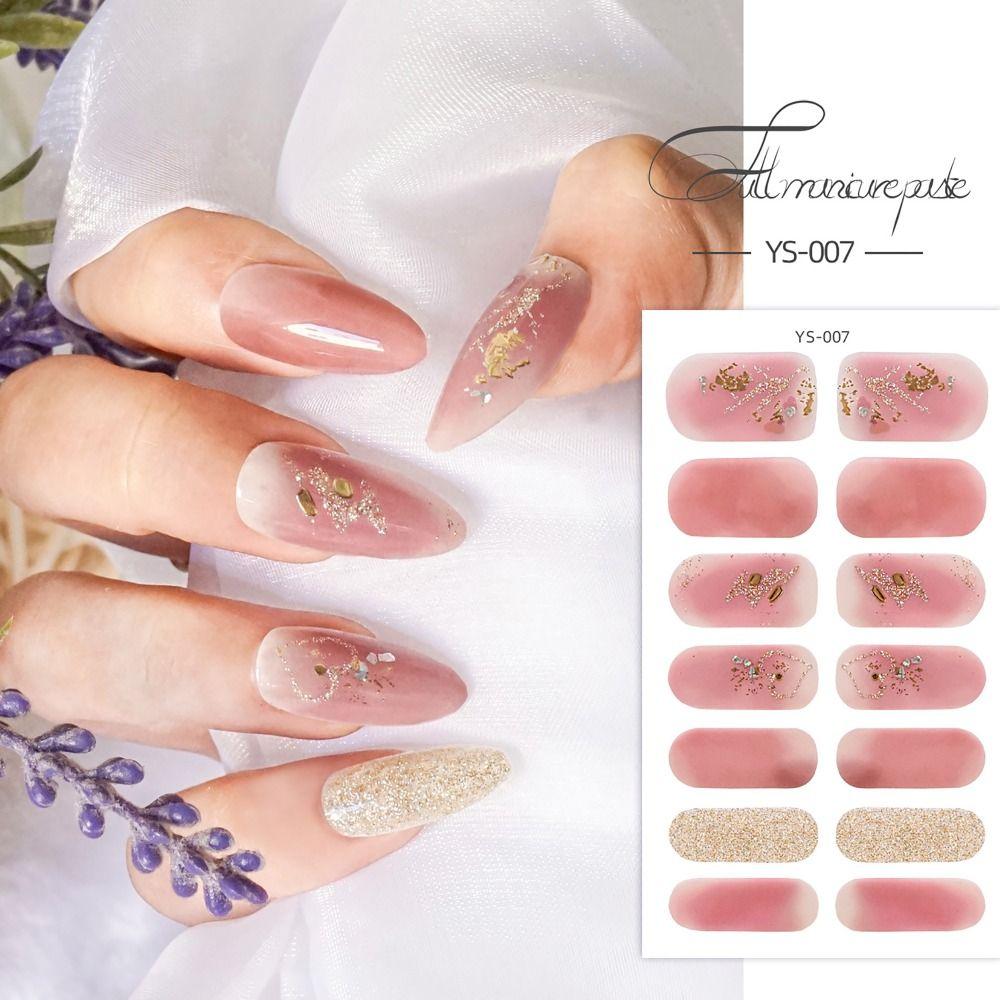 Наклейки для ногтей с полуотвержденным гелем с полным покрытием, 14 полосок, блестящие наклейки для дизайна ногтей, изготовление дизайна ногтей своими руками