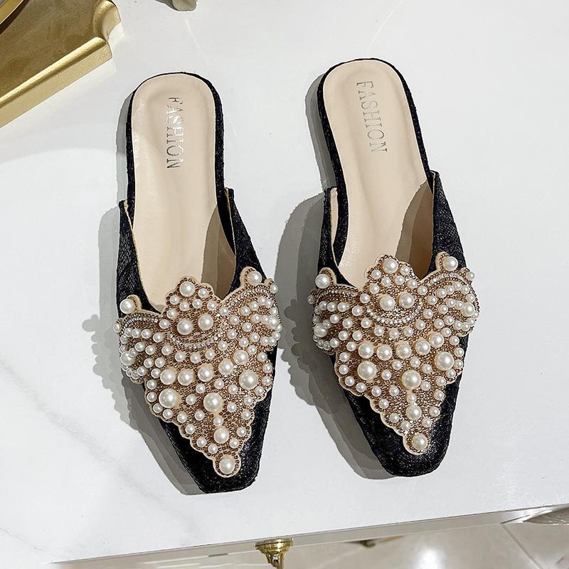 Модные женские туфли Baotou Lace на плоской подошве с острым носком, женские летние тапочки с жемчугом и стразами Lazy Drag