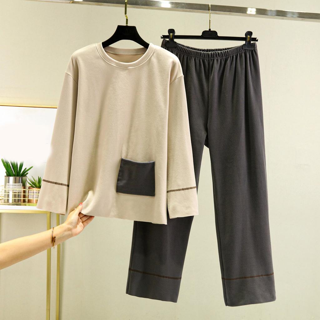 Ladies' Casual And Comfortable Long Sleeved Solid Color With Thick Velvet Sleepwear And Warm Pants Set