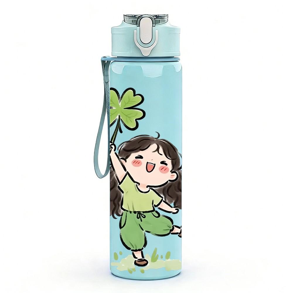 1PC Girl Holding Four Leaf Clover Print 750ml Color Plastic Sports Water Bottle Leakproof Flip Straw Lid Suitable for Sports Office Home Use