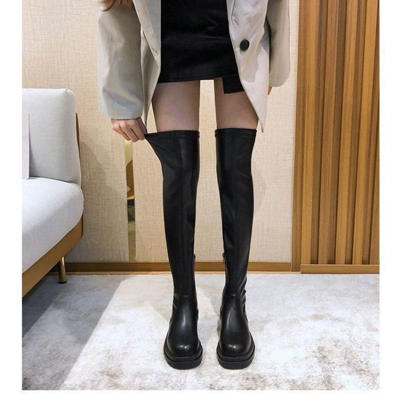 Ботфорты женские осенне-зимние новые эластичные сапоги тонкие черные приподнятые круглые носки на плоском каблуке среднего размера на толстой подошве рыцарские сапоги