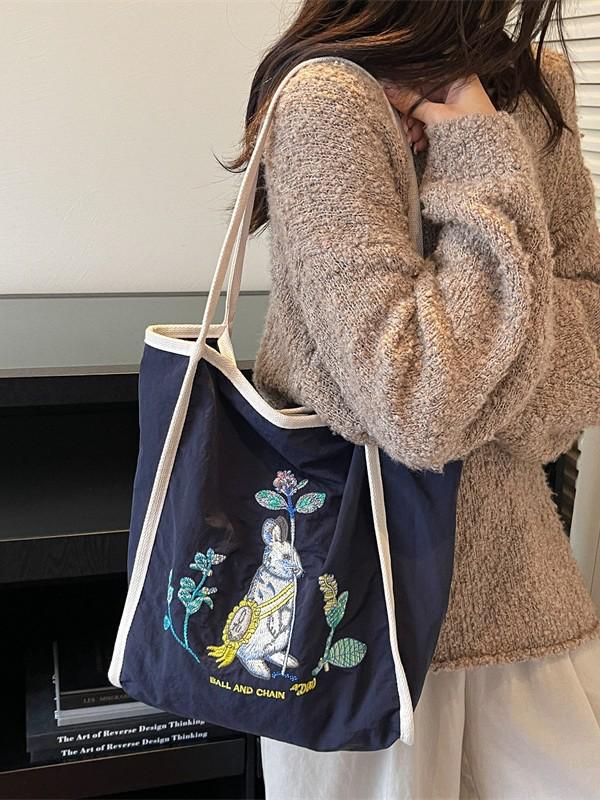 2025 Autumn Embroidered Nylon Tote: Large Capacity Fashion Shoulder Bag for Shopping & Commuting