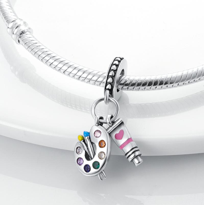 925 Silver Colorful Art Brush Palette Sunflower Painting Charms Beads Fit Qikaola 925 Bracelets DIY Birthday Jewelry
