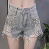 Denim Shorts For Women Summer Fashion High Waist Slim All-match Tassel Diamond Simple Casual Loose A-line Shorts Korean Version