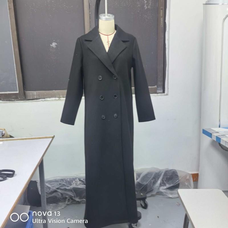 Womens Wool Blend Long Trench Coat With Notched Lapel Double Breasted Button Elegant Office Wear