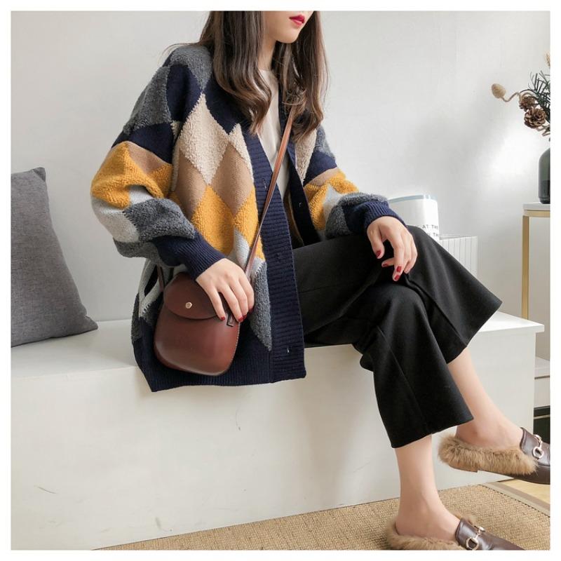 Autumn New Long Sleeve Argyle Knitted Sweater Jacket Women Winter Elegant Fashion Loose Woman Cardigans Sweaters Vintage Plus Size Knitwear Coat 24929
