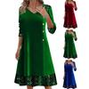 Fall Winter Women Dress Shiny Sequin Patchwork V Neck A-line Big Swing Long Sleeve Button Decor Solid Color Soft Warm Mid-calf Length Lady Midi Dress