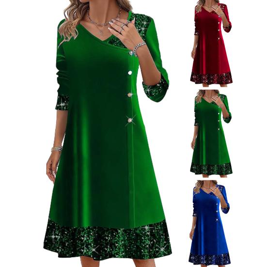 Fall Winter Women Dress Shiny Sequin Patchwork V Neck A-line Big Swing Long Sleeve Button Decor Solid Color Soft Warm Mid-calf Length Lady Midi Dress