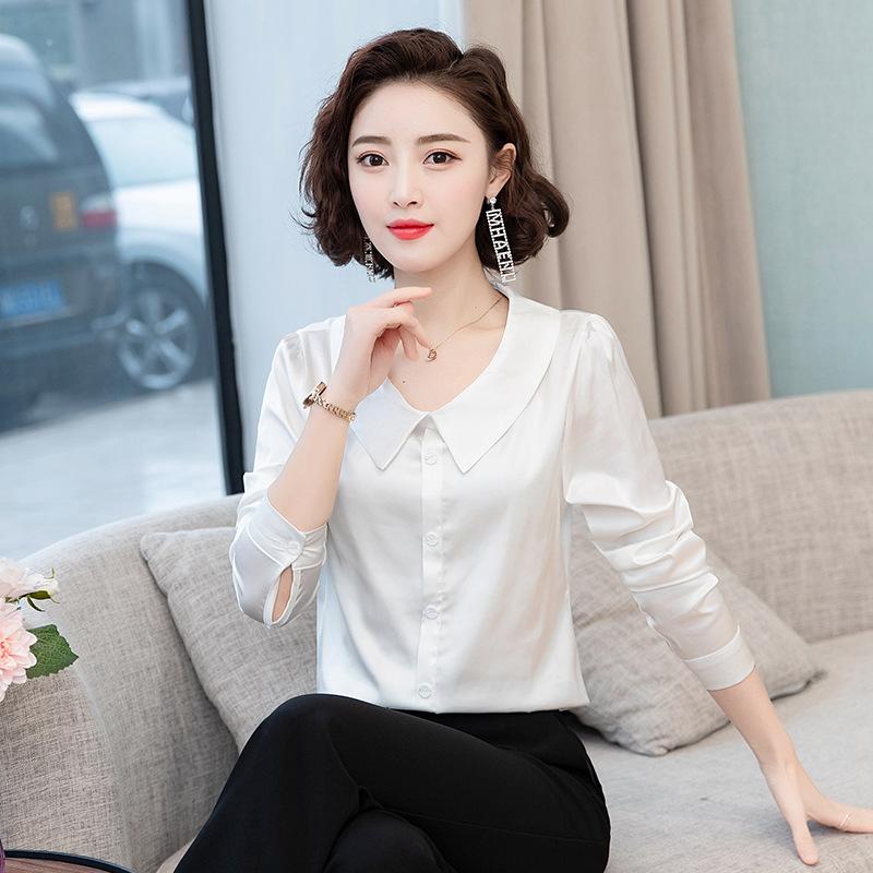 Новая осенняя рубашка с длинными рукавами из сатина с кукольным воротником для женщин, красная универсальная модная рубашка