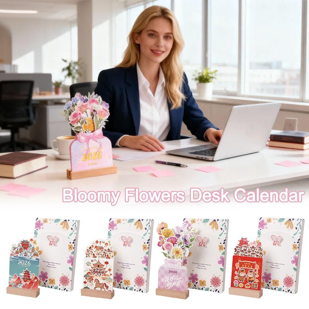 Detachable Base Bloomy Flowers Desk Calendar Wooden Base Monthly Planner for Table Desk Decor