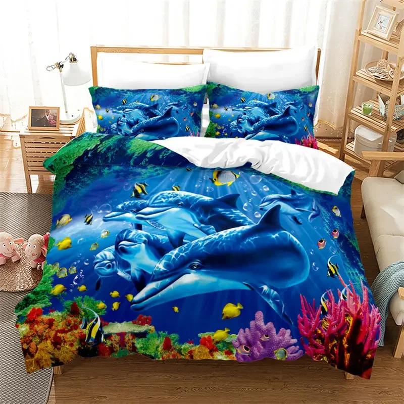 Kids Cartoon Ocean Fish Duvet Cover Microfiber Marine Theme Bedding Set Sea Underwater World Quilt Cover Queen For Boys Girls