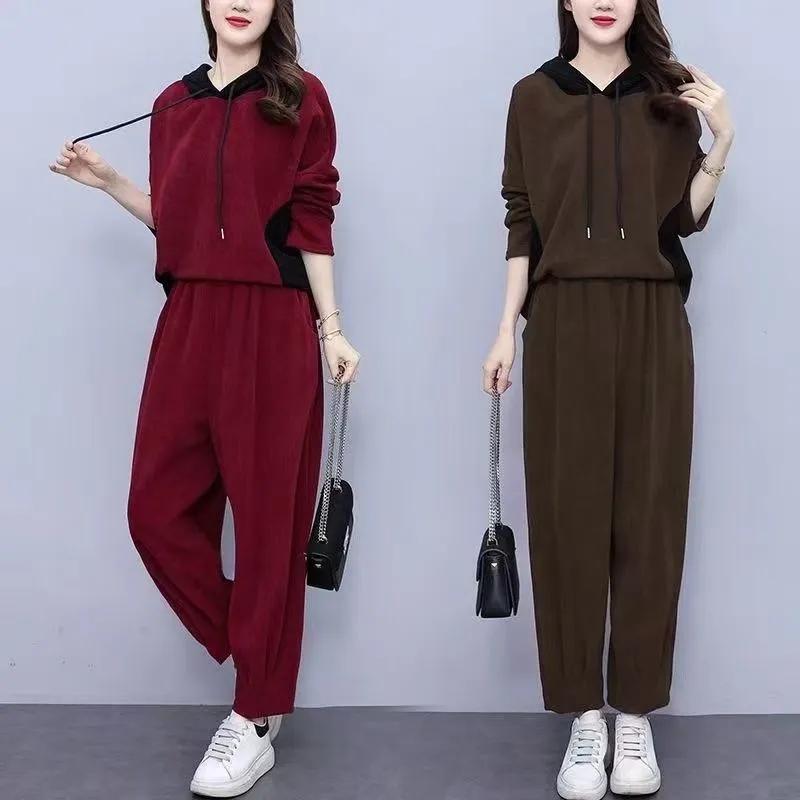 Повседневный модный костюм с капюшоном большого размера, осенний вельветовый костюм большого размера для полной мамы, облегающий повседневный костюм-двойка