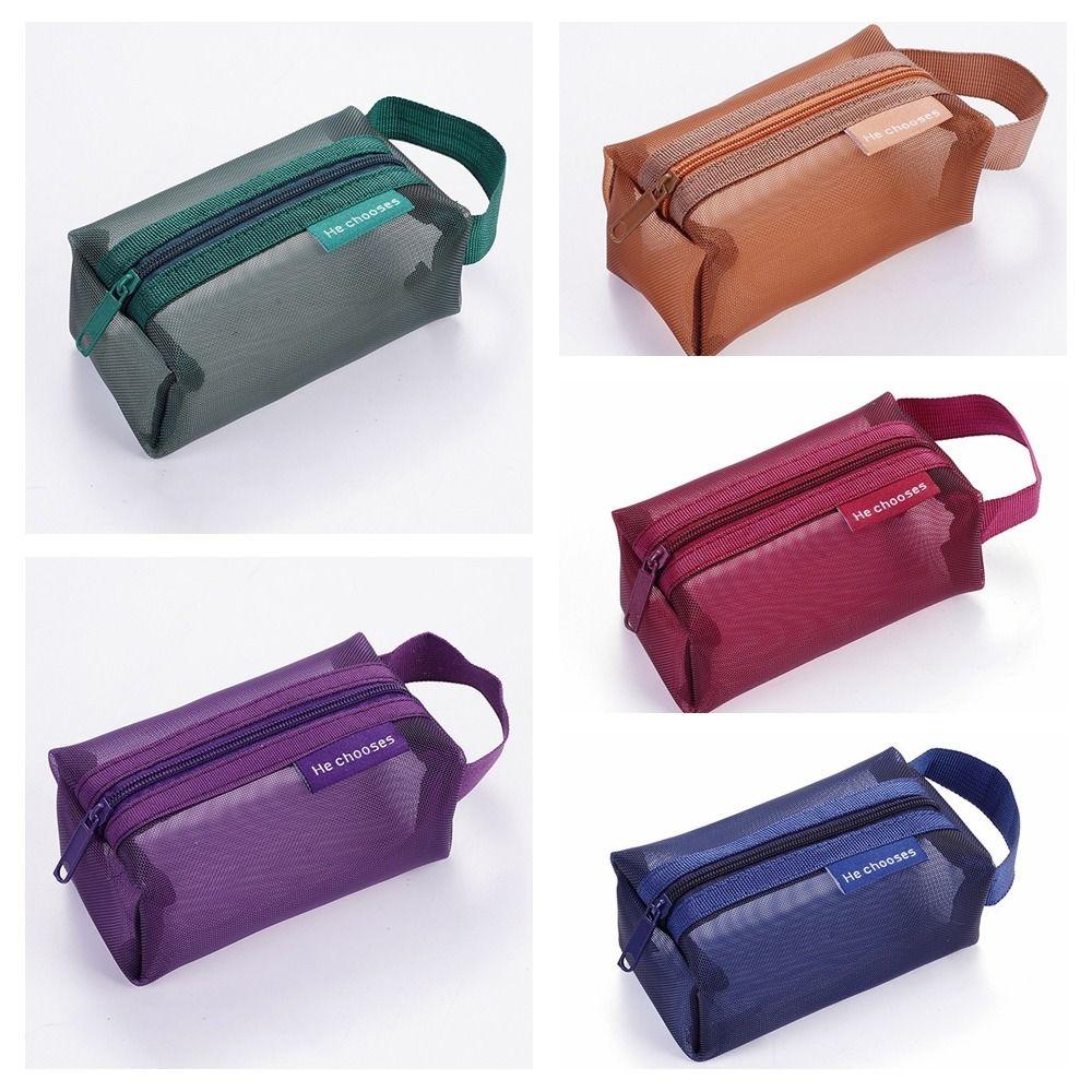 Retro Color Transparent Cosmetic Bag Zipper Toiletry Storage Bag Cute Mesh Makeup Bag Lady