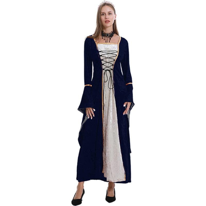 Plus Size Women's Golden Velvet Straps Flared Sleeves Vintage Medieval Dress Stage Performance Clothing