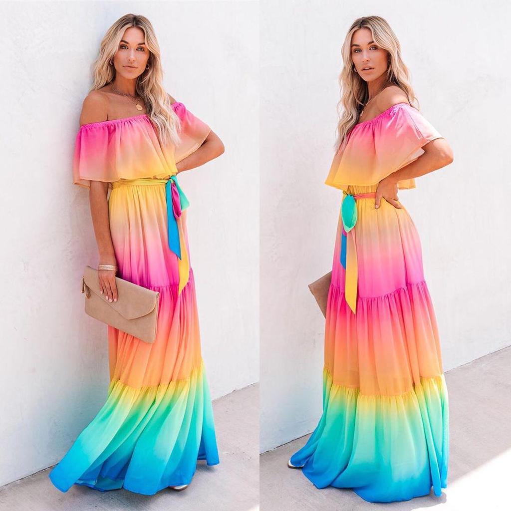 2025 New New Printed Long Dress Dress One-word Collar Dress