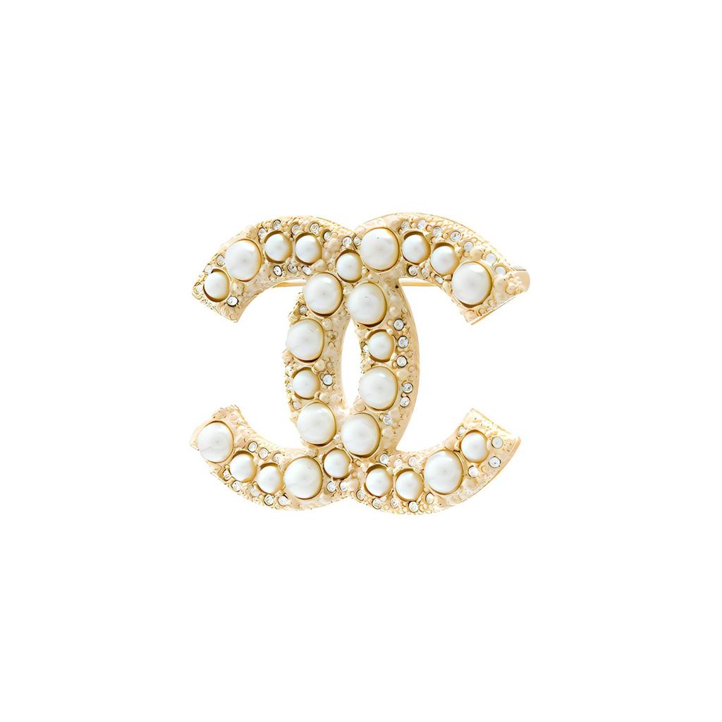Chanel CC Brooch Artificial Crystal Women Brooch Gold White A64762-Y09530-Z2048