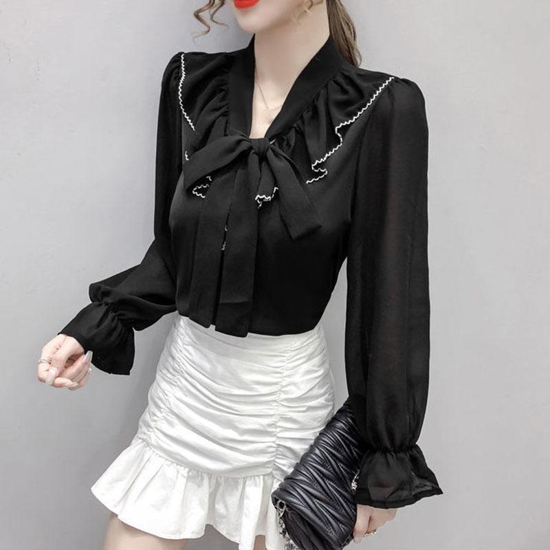 V-neck Chiffon Shirt Women's Long-sleeved Spring and Summer Tops Design Niche Lantern Sleeve Chiffon Shirt