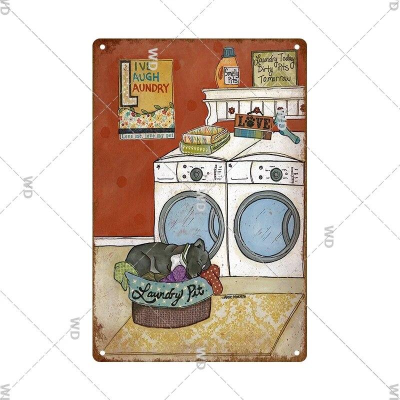 Laundry Vintage Metal Sign Tin Sign Funny Metal Plaque Retro Plate Metal Poster Open 24 Hours for Home Room Washroom Wall Decor
